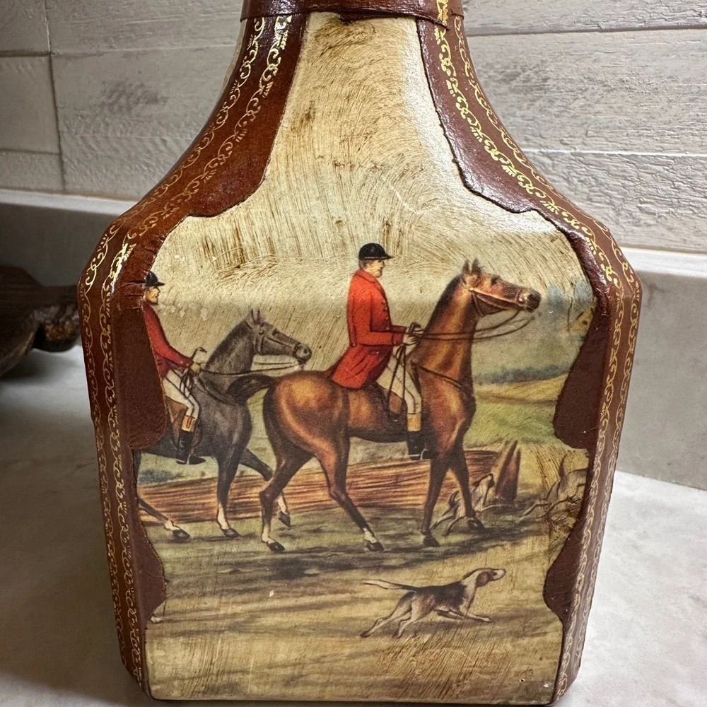 VINTAGE, GENUINE ITALIAN LEATHER-WRAPPED, EMPTY, GLASS LIQUOR DECANTER.